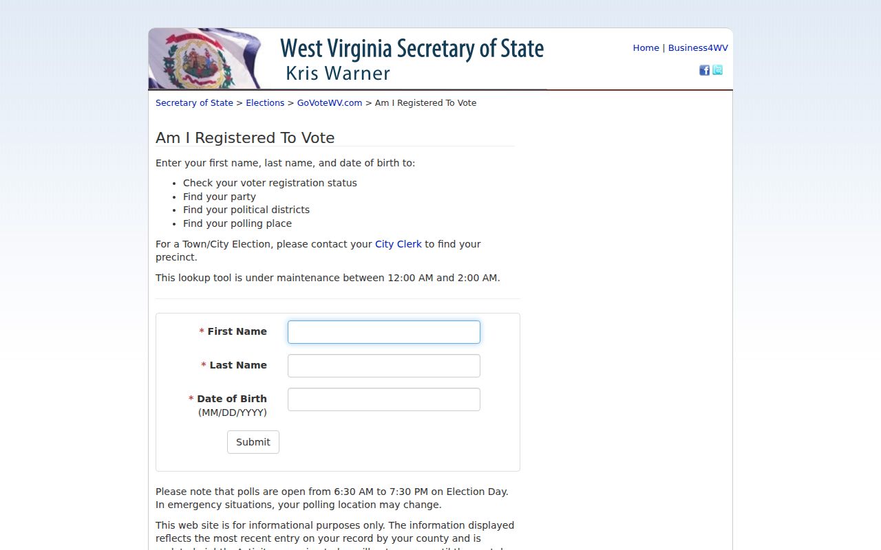 West Virginia voter registration lookup fields for a Morgantown resident